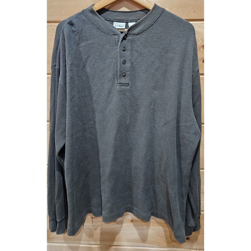 L.L.Bean Mens Large Olive Green Waffle Knit Henley Shirt Long Sleeve Thermal...